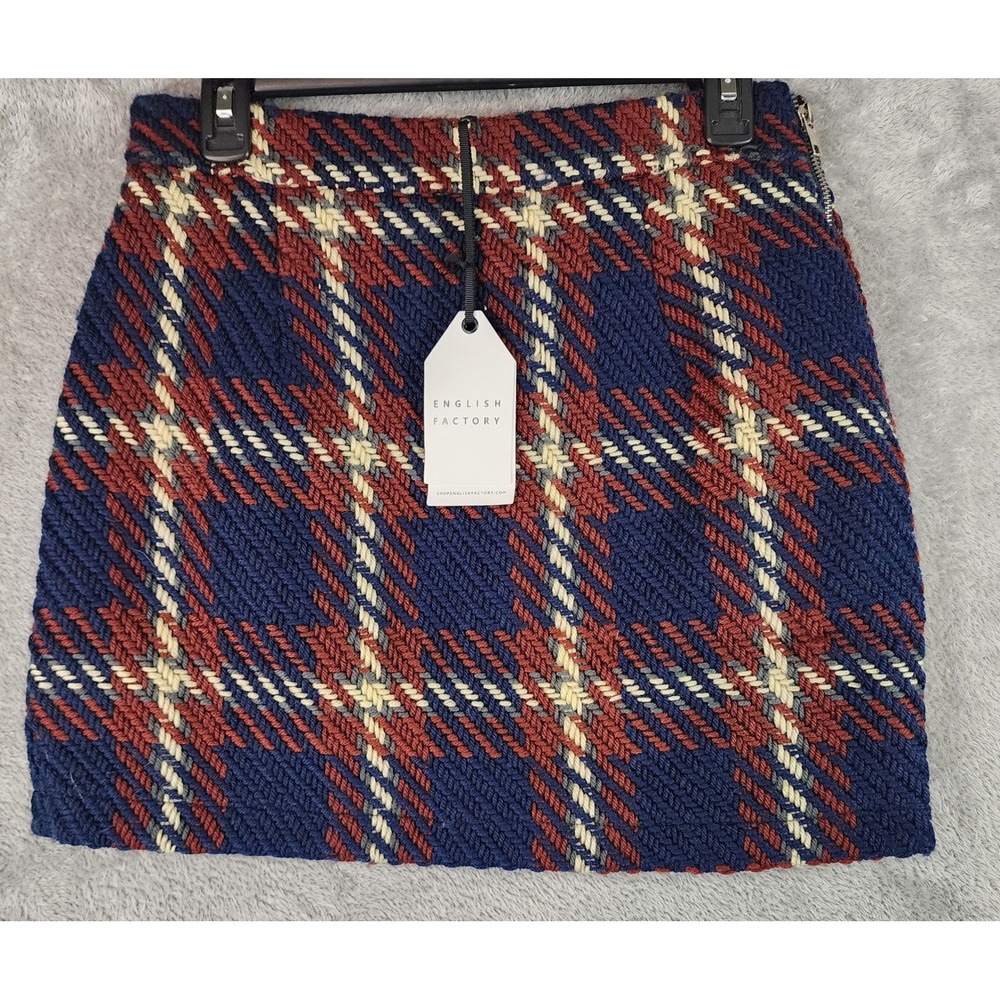 English Factory Skirt Womens M Navy Blue Rust Plaid Textured Basketweave Mini